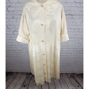 VTG Paulette Ivory Satin 1940 Parisan Gold Button Embroidered House Coat Size 14